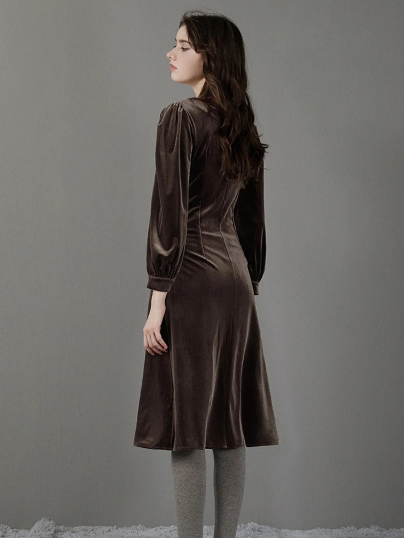 Brown Velvet Puff Sleeve Dress