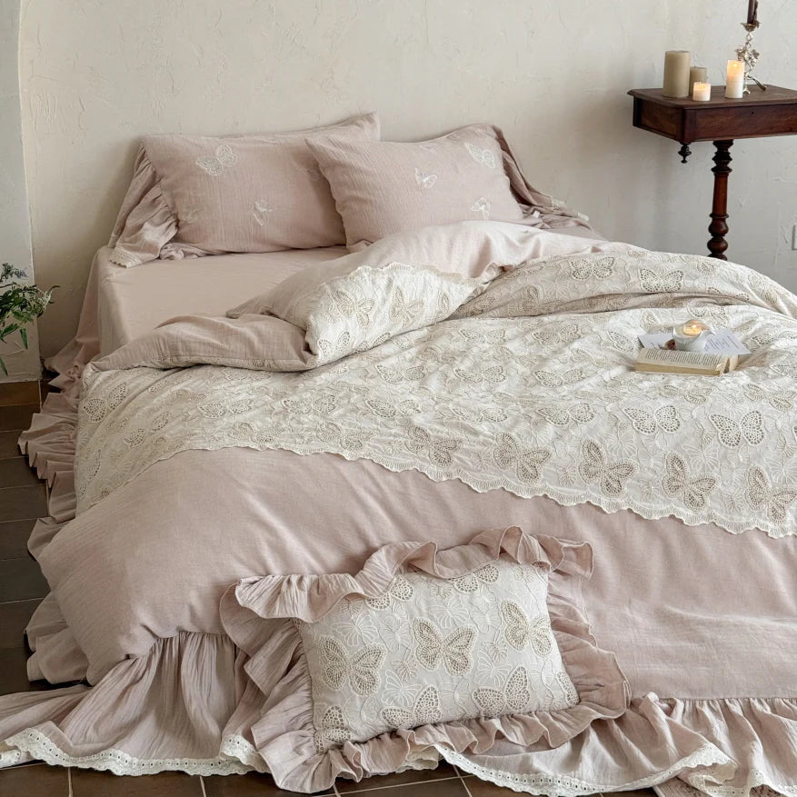 Pink Butterfly Lace Ruffle Bedding Set