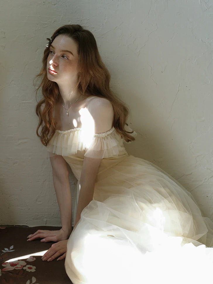 Ivory Tulle Ruffle Off-Shoulder Dress
