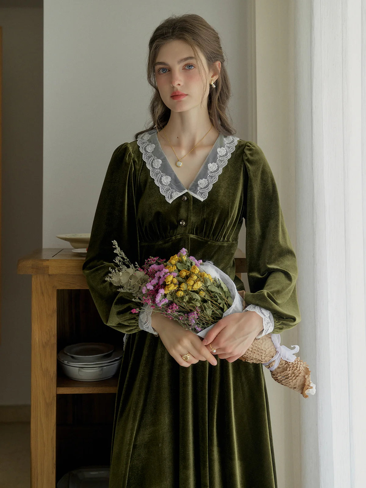 Velvet Elegance Green Lace-Trim Blouse