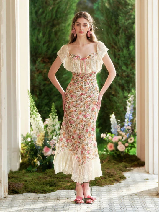 Floral Lace Off-Shoulder Corset Top & Skirt