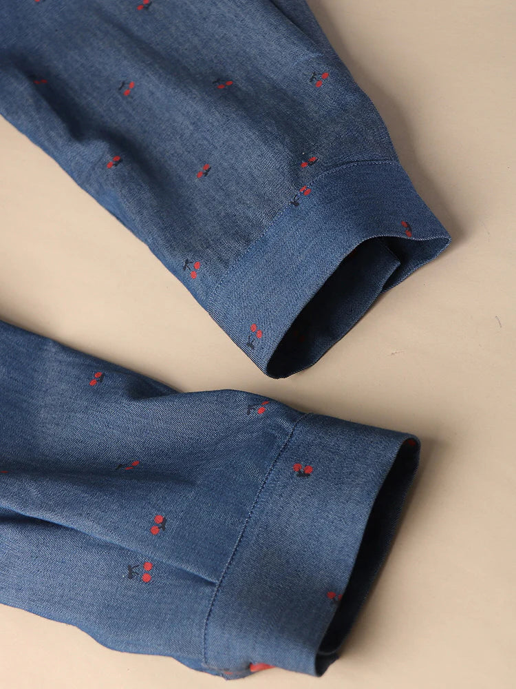 Cherry Embroidered Blue Cotton Dress