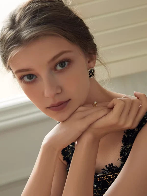 Black Checkered Square Earrings