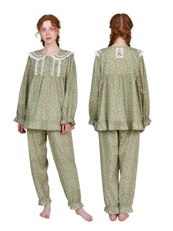 Green Floral Lace Trim Pajama Set