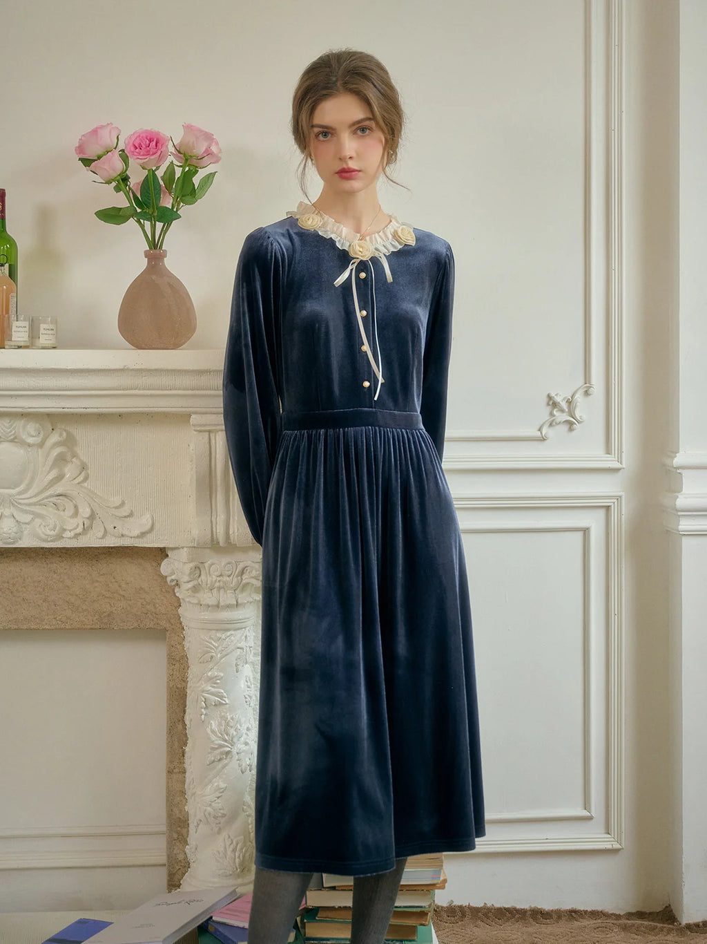 Velvet Rose Collar Blue Dress