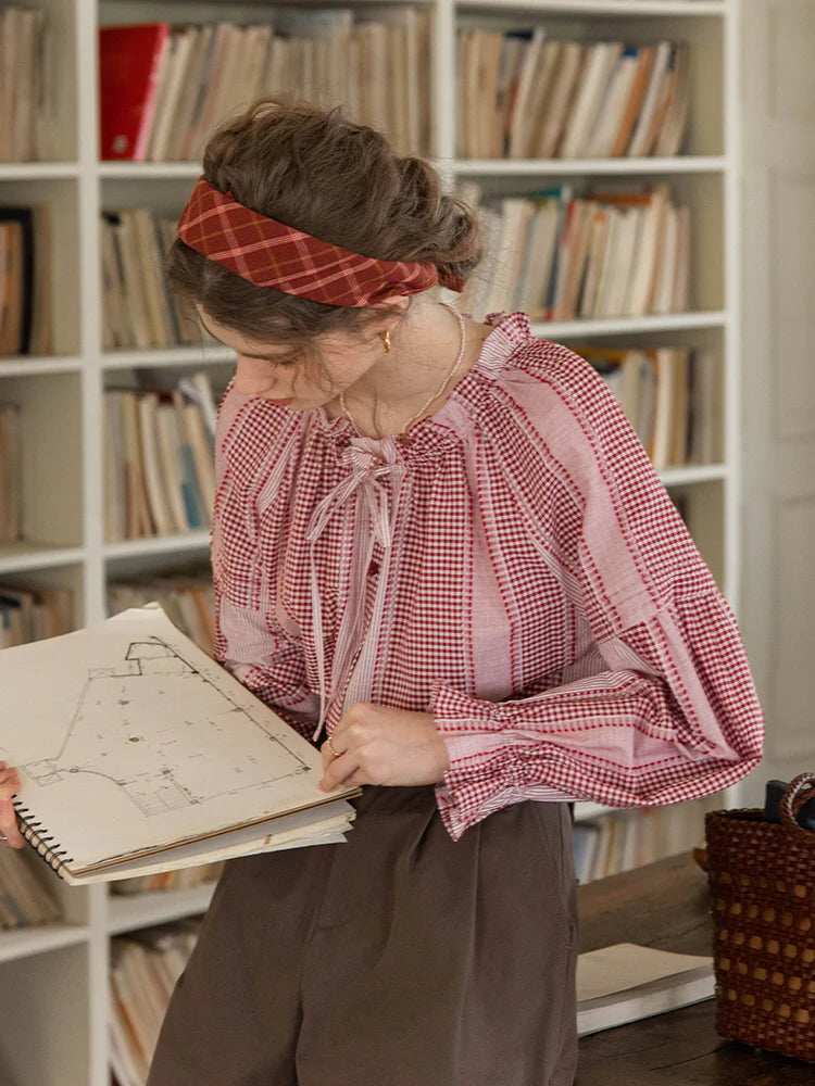Vintage Gingham Puff-Sleeve Cotton Blouse