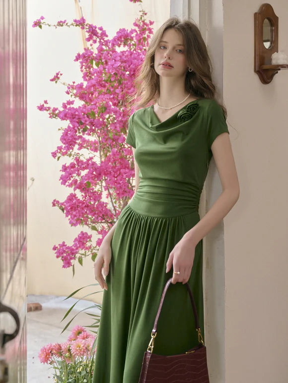 Emerald Whisper Draped Neckline Dress