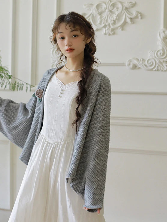 Floral Brooch Wool Blend Knit Cardigan