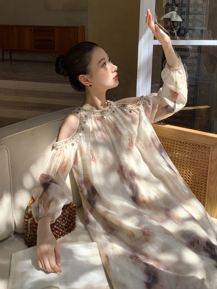 Elegant Cold-Shoulder Tie-Dye Dress