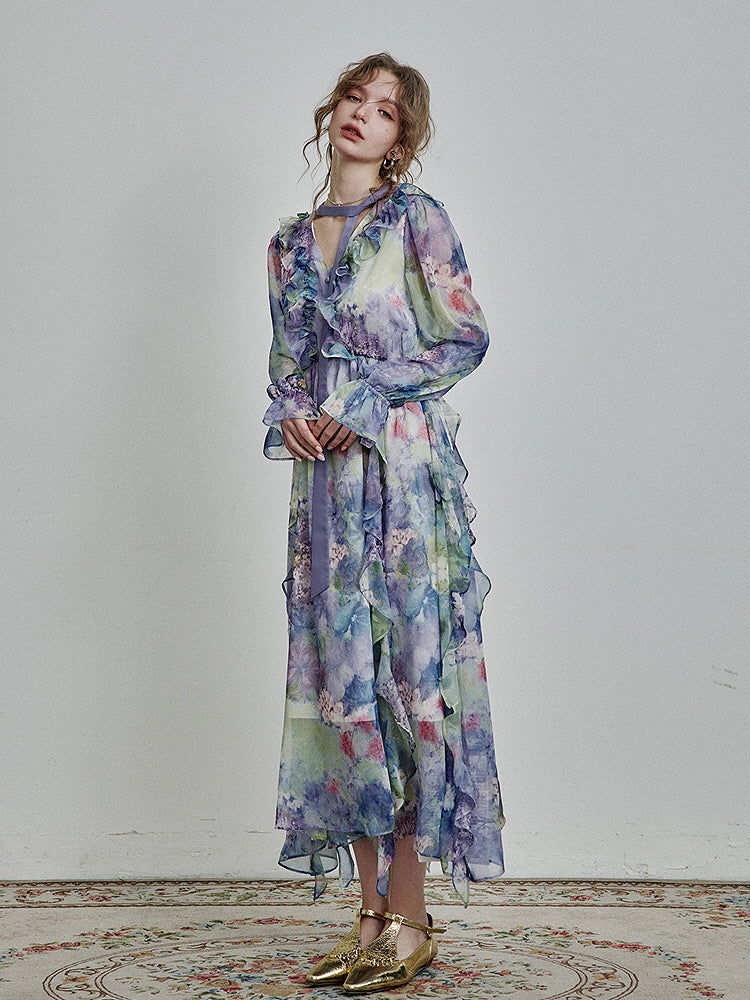 Ethereal Watercolor Ruffle Dress