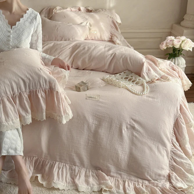 Pink Rose Embroidered Ruffle Bedding Set
