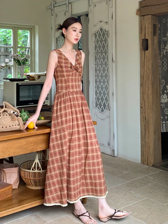 Summer Red Plaid Ribbon Dress