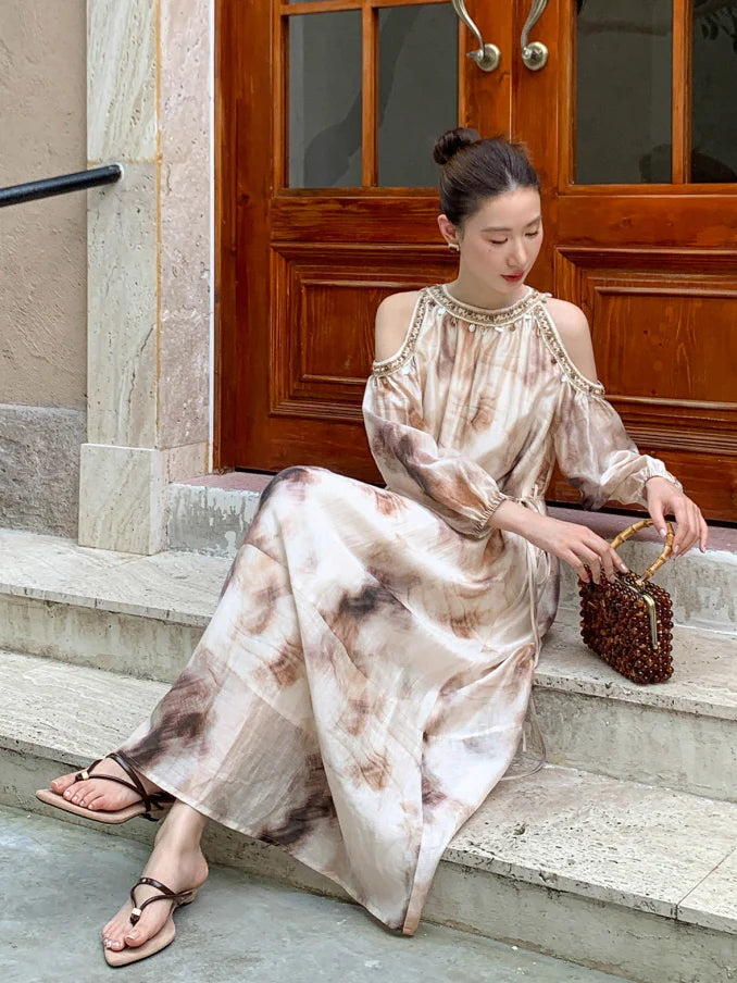 Elegant Cold-Shoulder Tie-Dye Dress