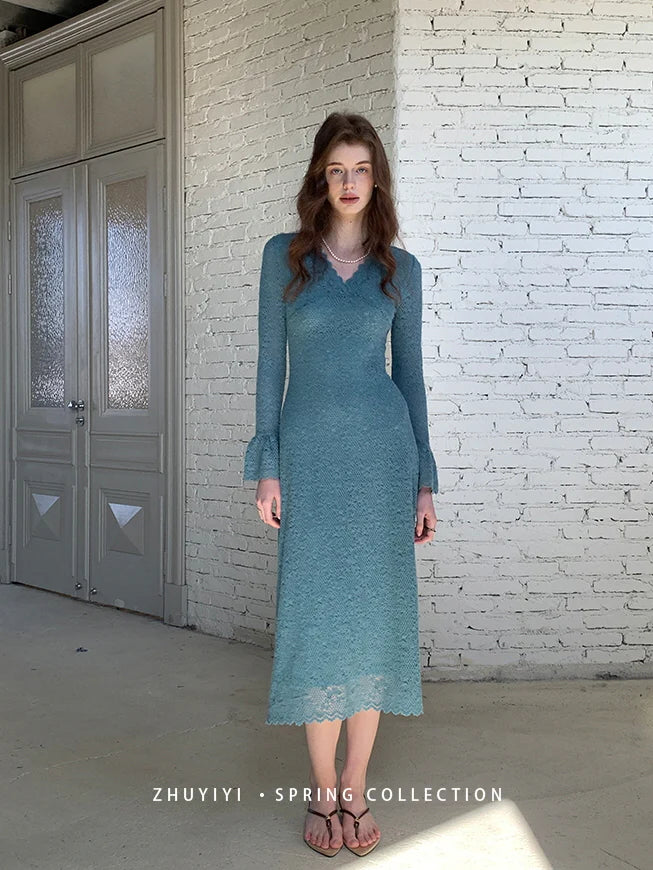 Sapphire Lace Bell Sleeve Dress