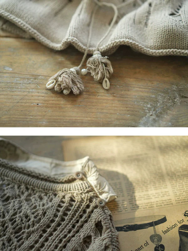 Graceful Lace Collar Brown-Gray Knitwear