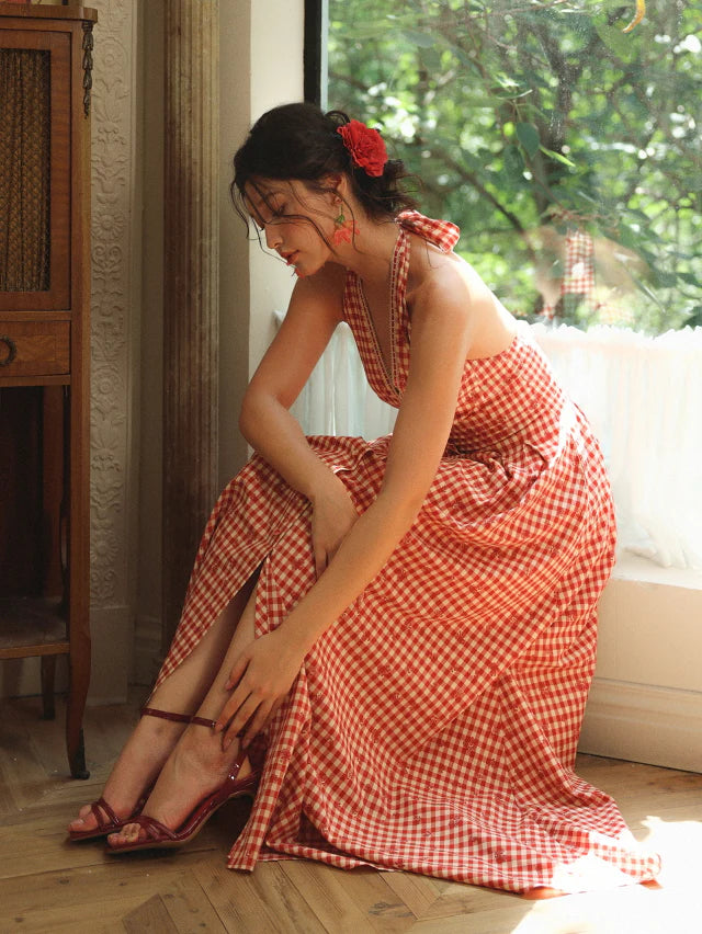Romantic Gingham Red Check Halter Dress