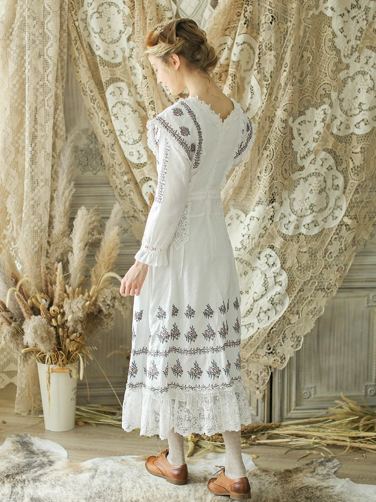 Victorian Floral Embroidered White Dress