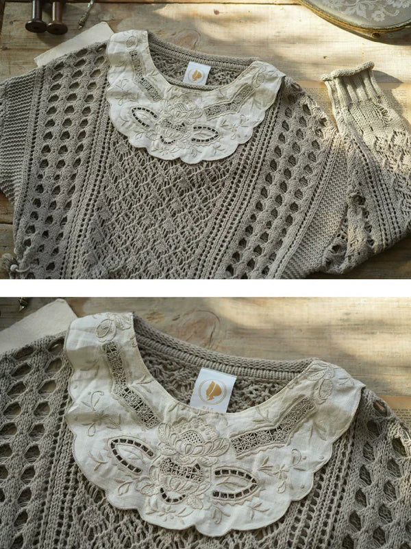 Graceful Lace Collar Brown-Gray Knitwear