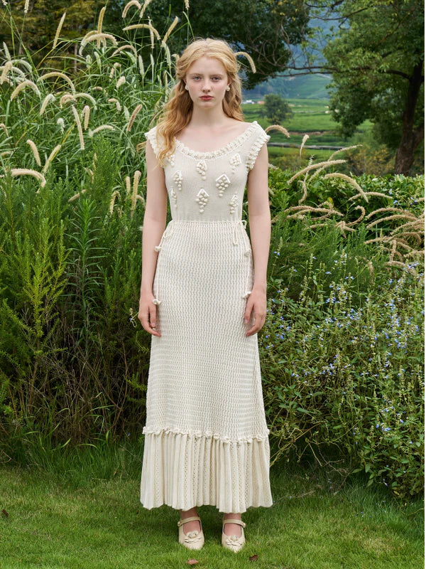 Ivory Grape-Decor Wool Dress