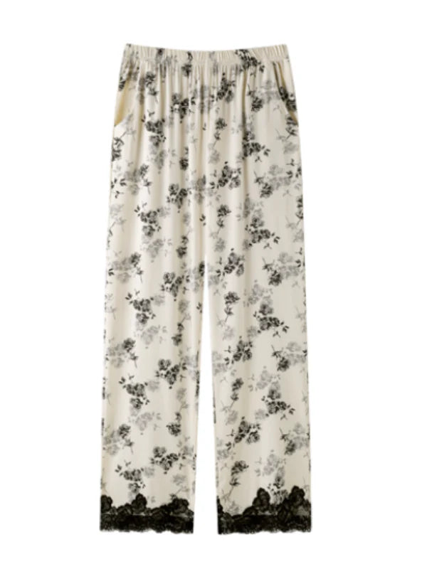 Black Rose Lace Trim Pajama Set