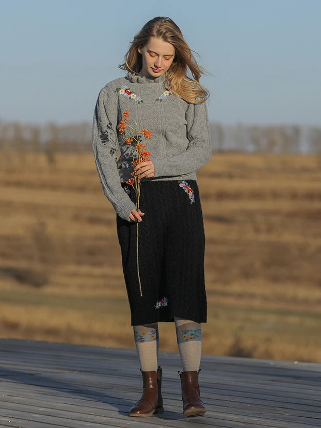 Soft Gray Floral Embroidered Sweater