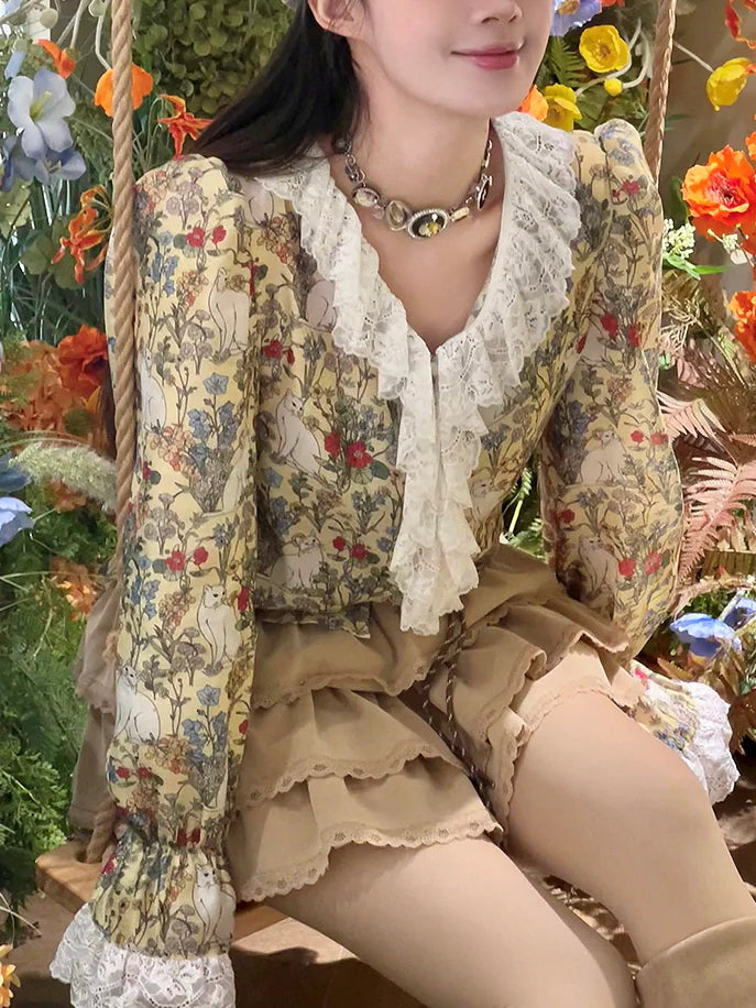 Enchanted Garden Cat Lace Blouse