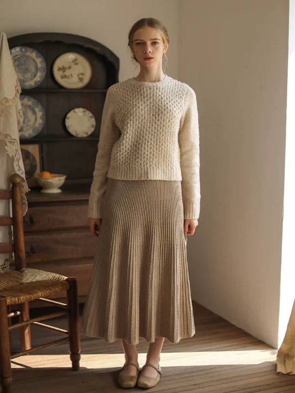 Simple Beige Pleated Wool Skirt