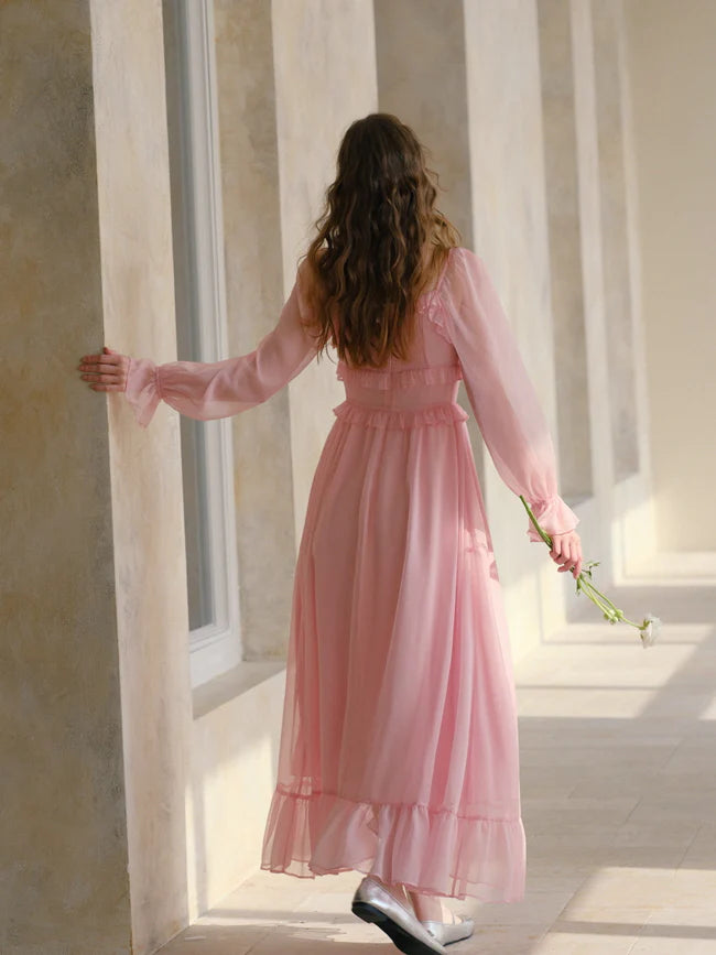 Blush Petal Frill Chiffon Dress