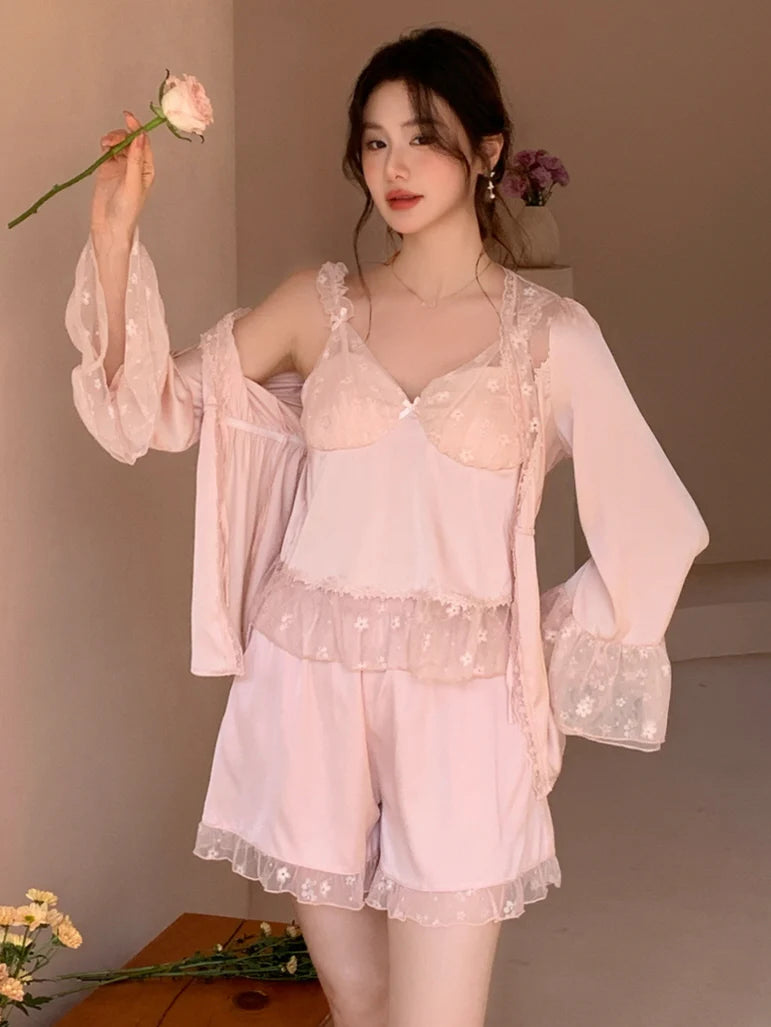 Blush Lace Layered 3-Piece Pajama Set
