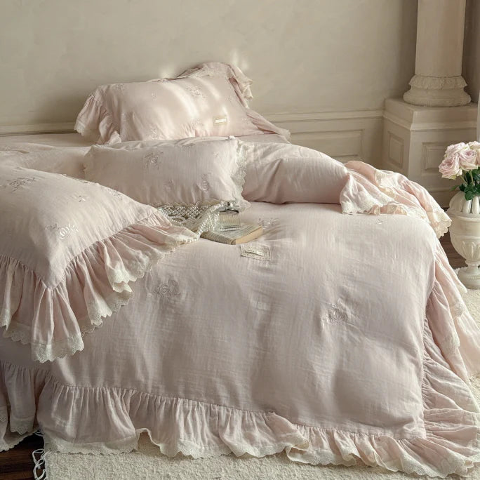 Pink Rose Embroidered Ruffle Bedding Set