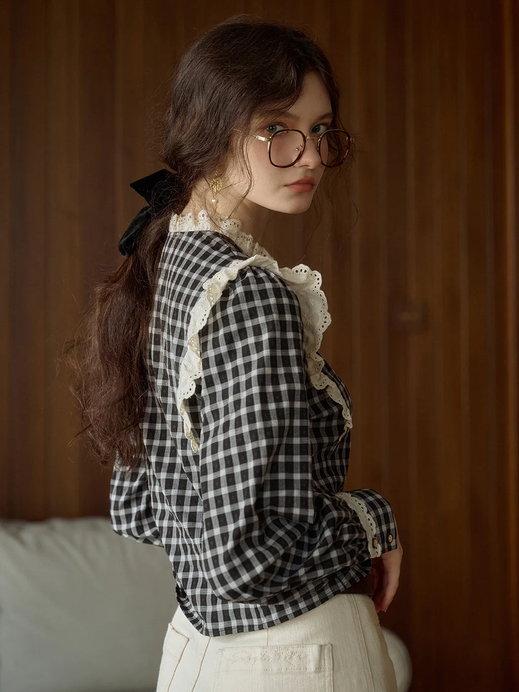 Gingham Blouse with Lace Trim