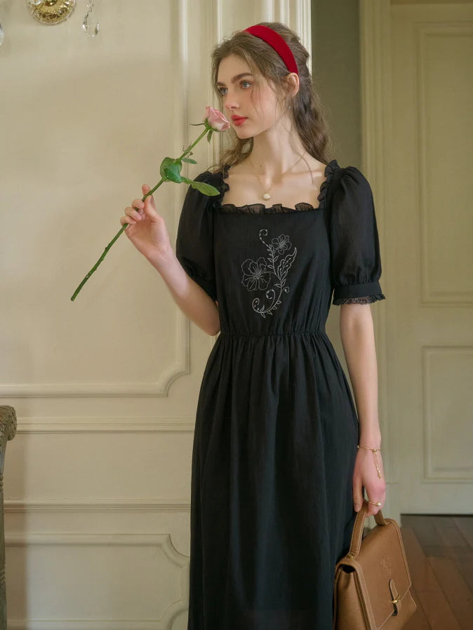 Noir Rose Embroidered Vintage Black Dress