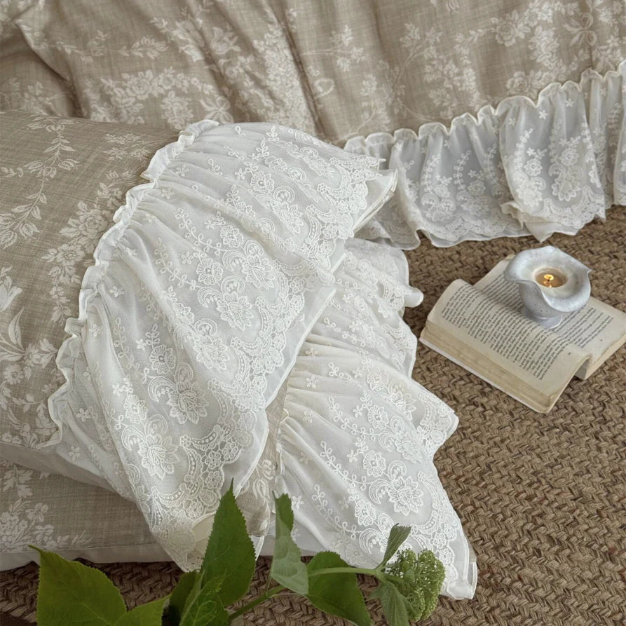 Beige Floral Lace Ruffle Bedding Set
