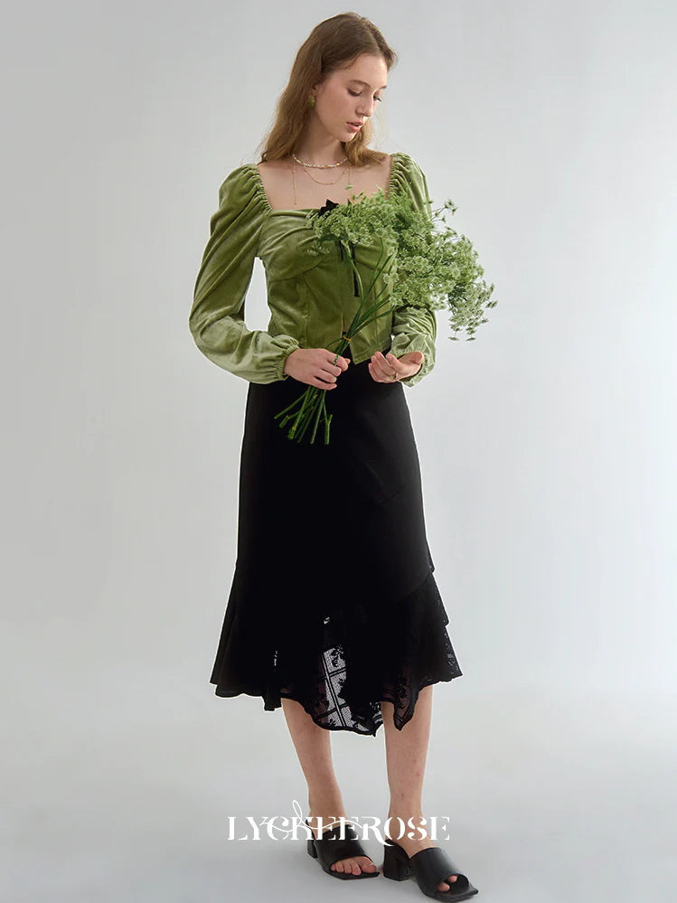 Elegant Black Asymmetrical Lace Midi Skirt