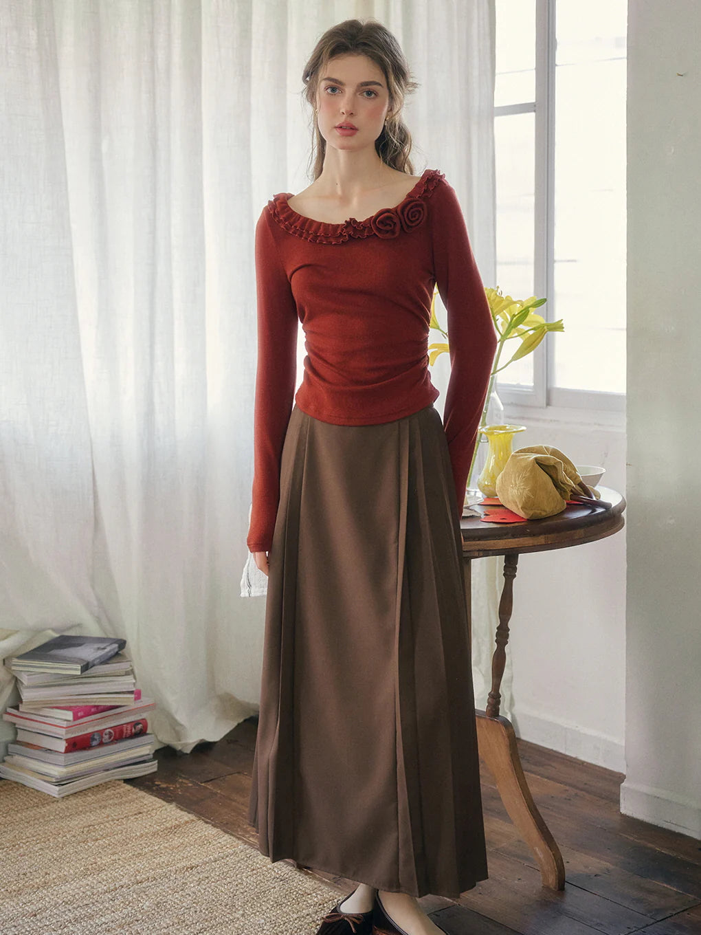 Rosette Ruffle Knit Top