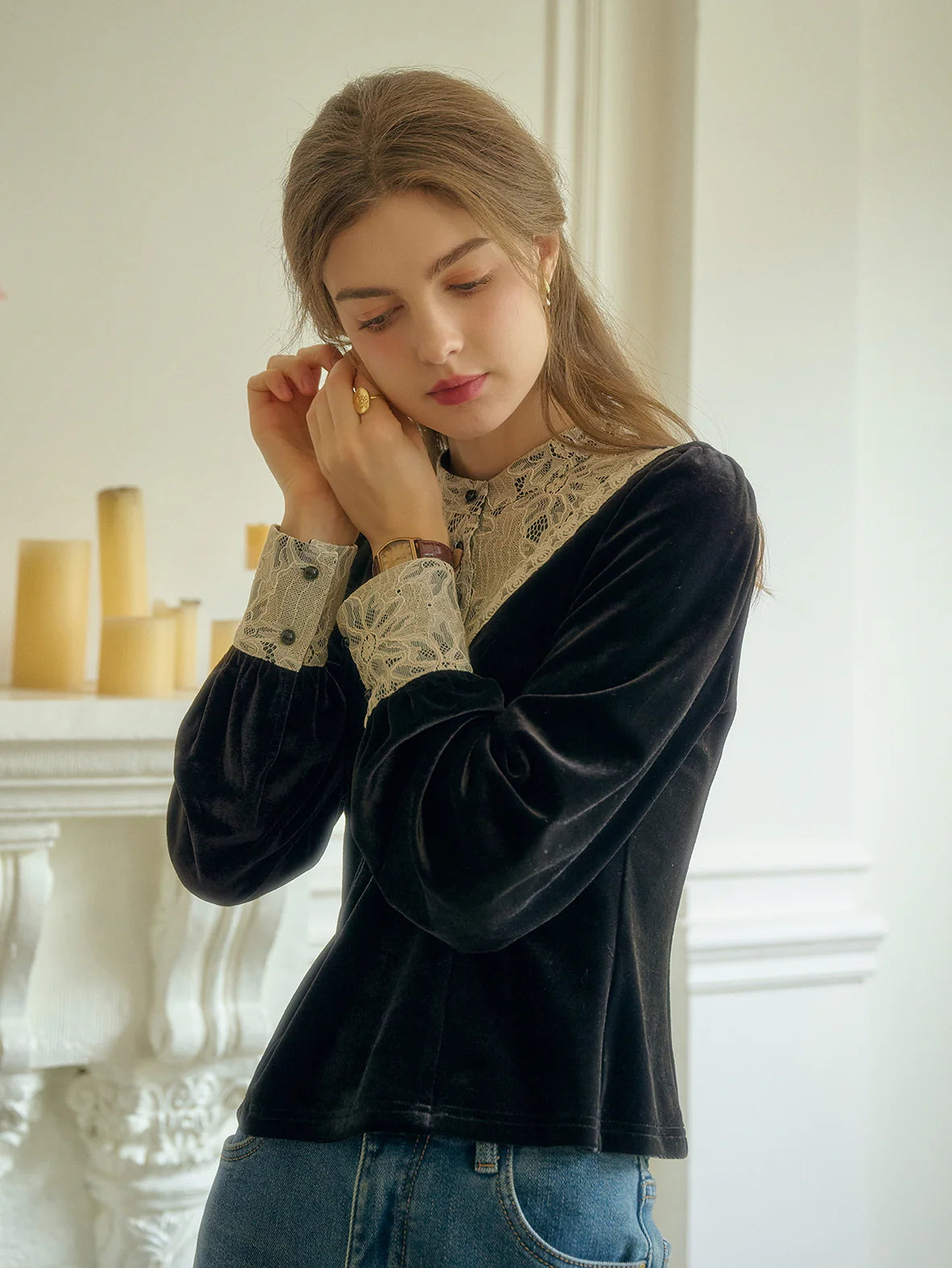 Victorian Lace Trim Black Velvet Blouse