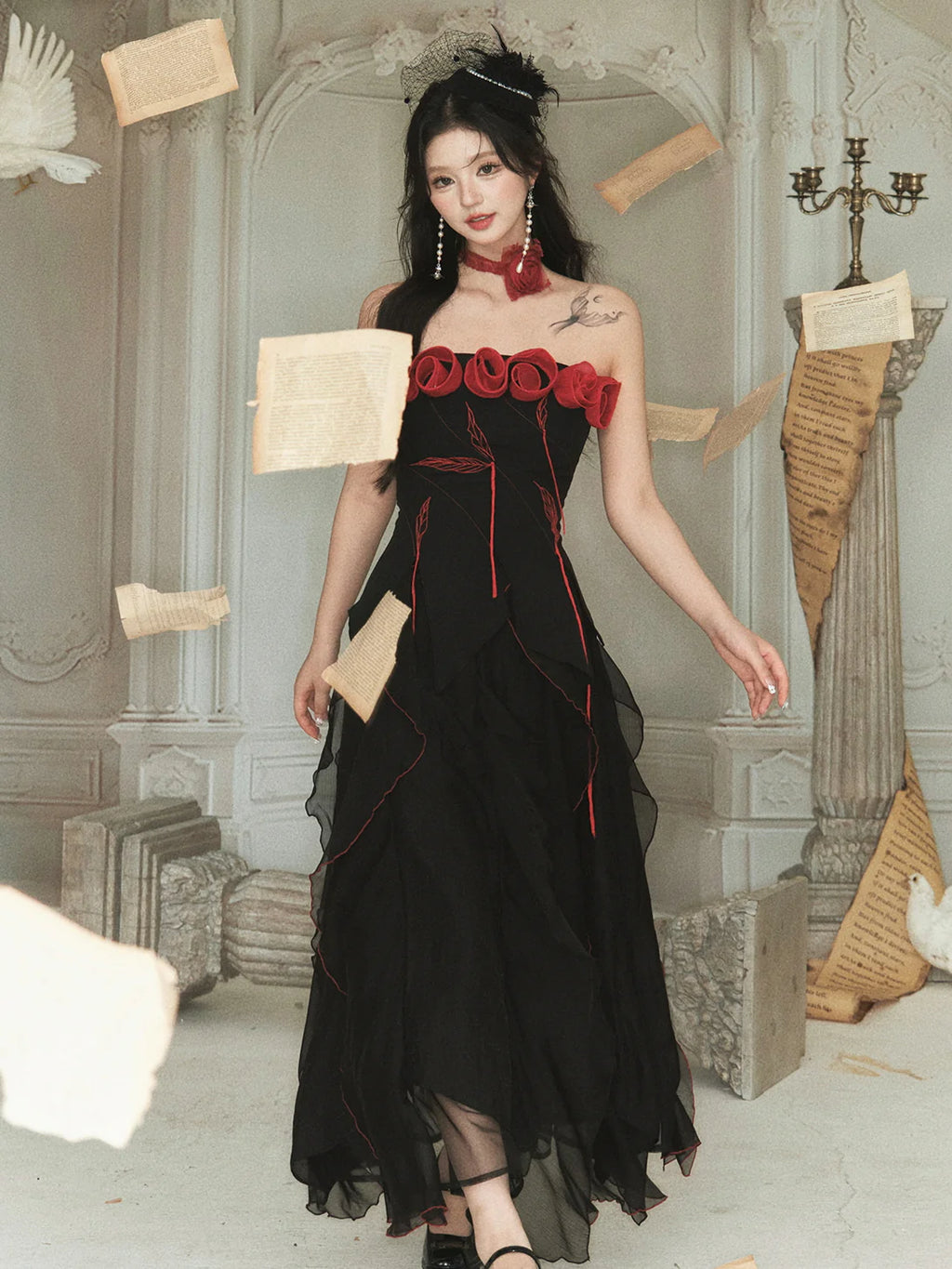 Enchanted Rose Embroidered Corset & Flowing Chiffon Skirt