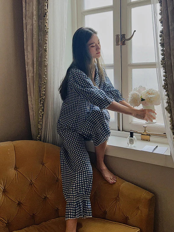 Navy Gingham Lace Collar Pajama Set