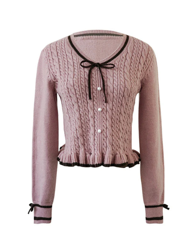 Ribbon Trim Ruffle Knit Cardigan