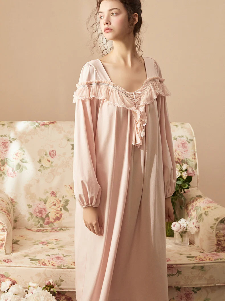 Ruffled Neckline Pink Cotton Nightgown