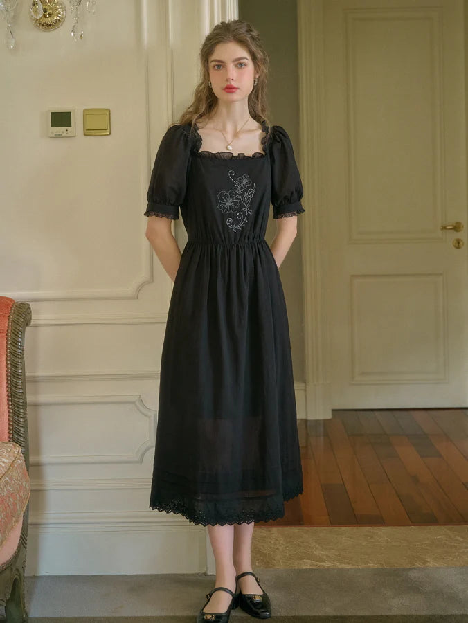 Noir Rose Embroidered Vintage Black Dress