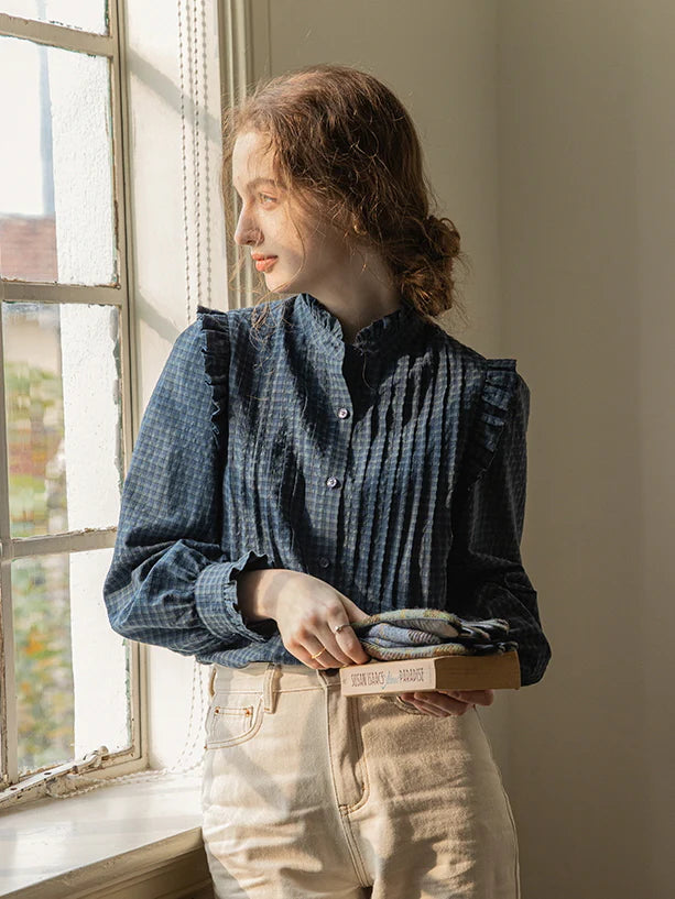 Vintage-Inspired Ruffled Plaid Blouse