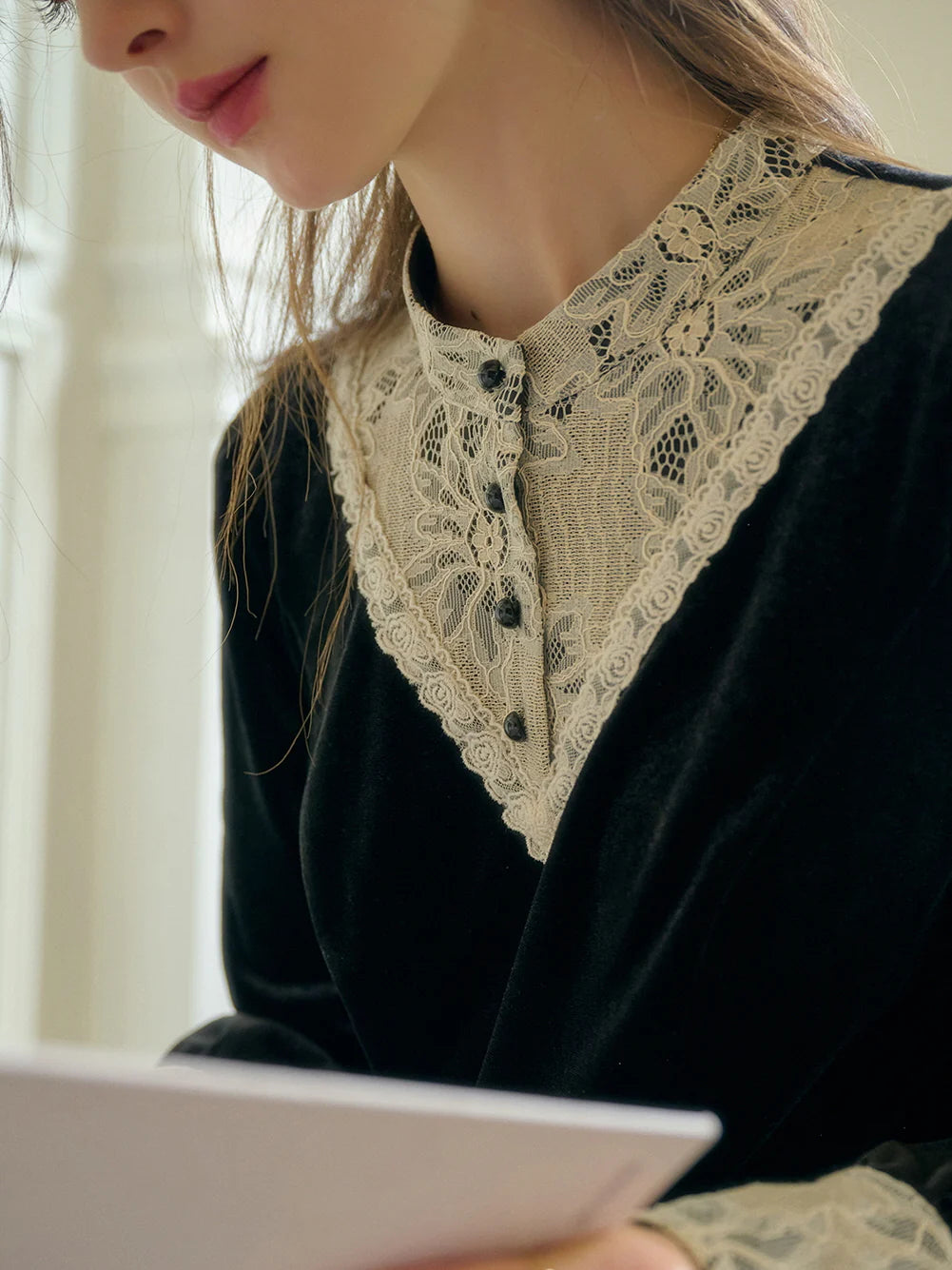 Victorian Lace Trim Black Velvet Blouse
