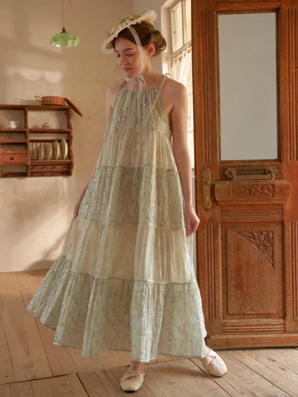 Pastel Green Floral Two-Piece Set – Sheer Cardigan & Tiered Dress