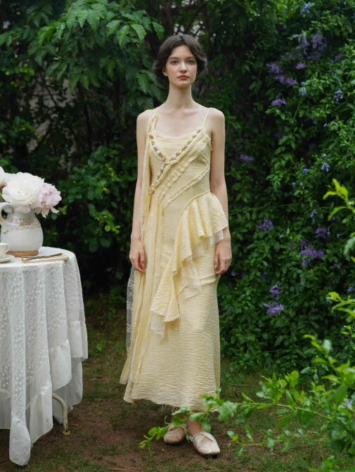 Golden Bloom Petal Drape Dress