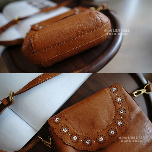 Petite Scalloped Flap Genuine Leather Crossbody Bag
