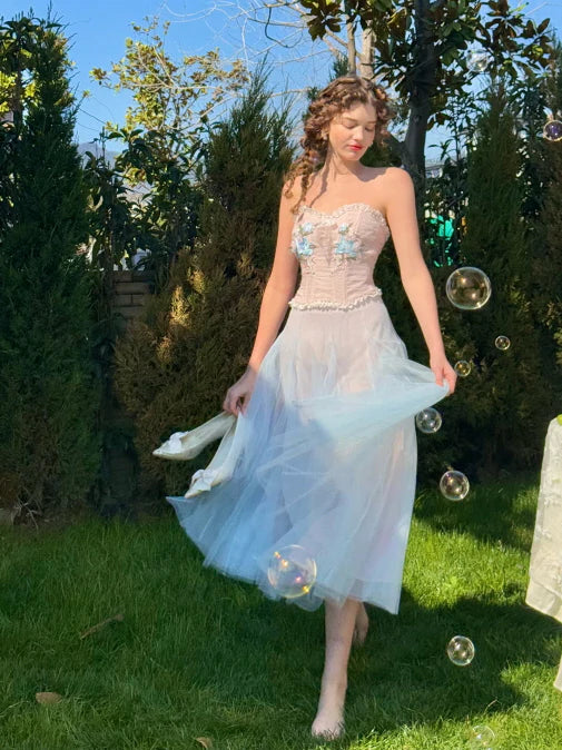 Pastel Bloom Embroidered Corset & Tulle Skirt
