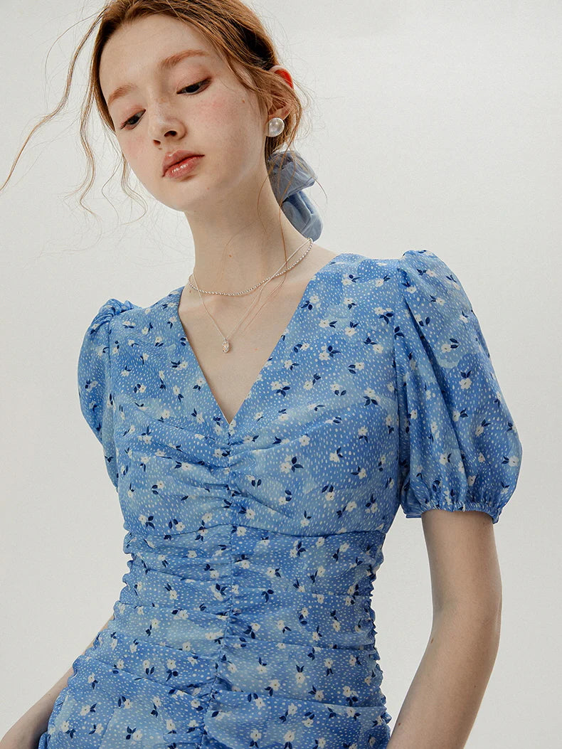 Blue Blossom Ruched Dress