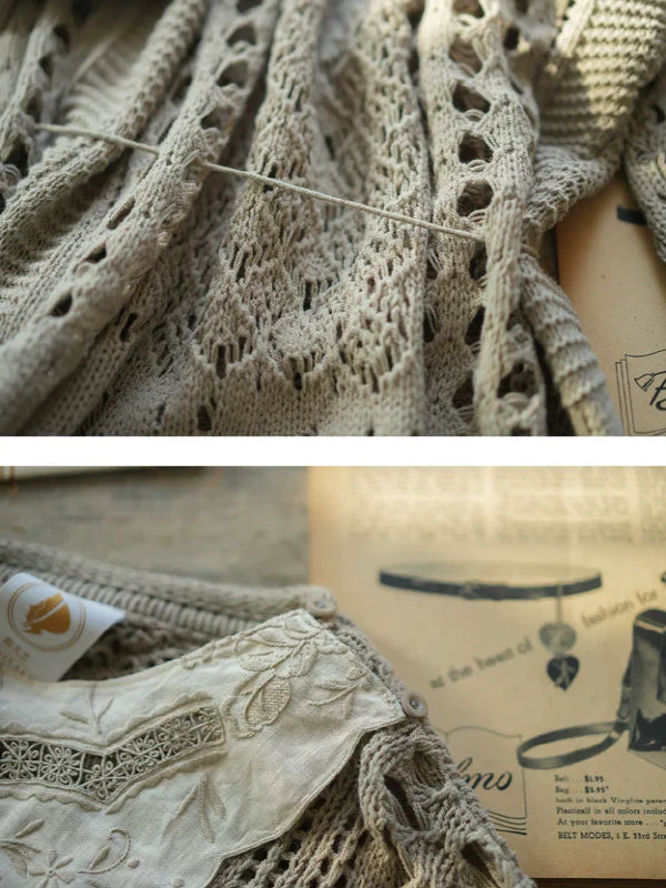 Graceful Lace Collar Brown-Gray Knitwear