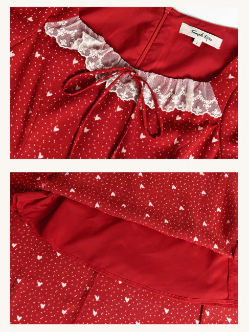 Lace Trim Retro Red Dress with Puff Sleeves